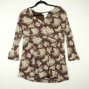 Nine West Womens Shirt Top Large Brown Green Floral Retro Cottagecore Peplum